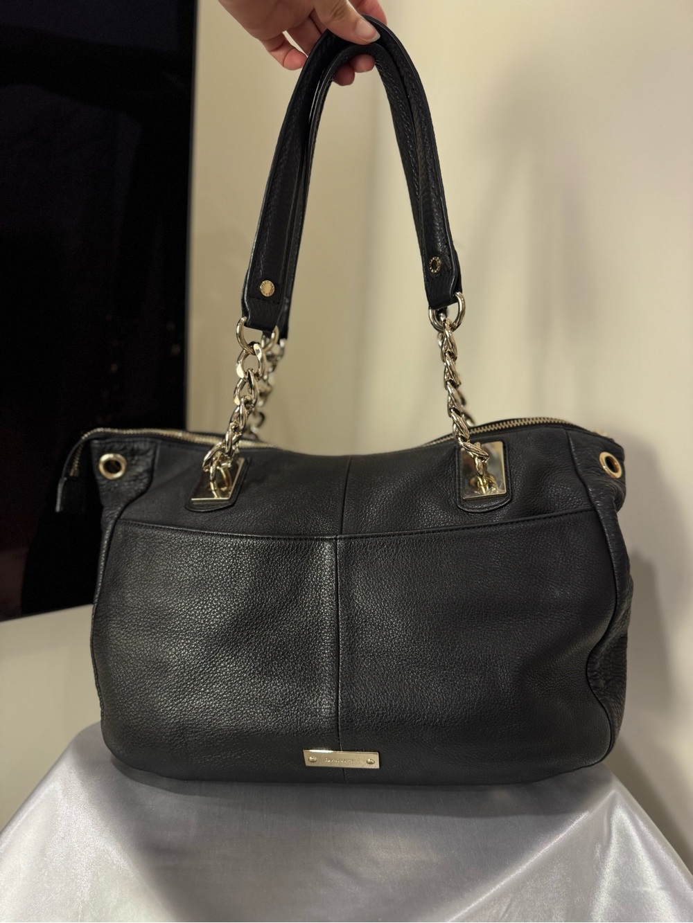 Danier Black Leather Shoulder Bag with Gold Chains